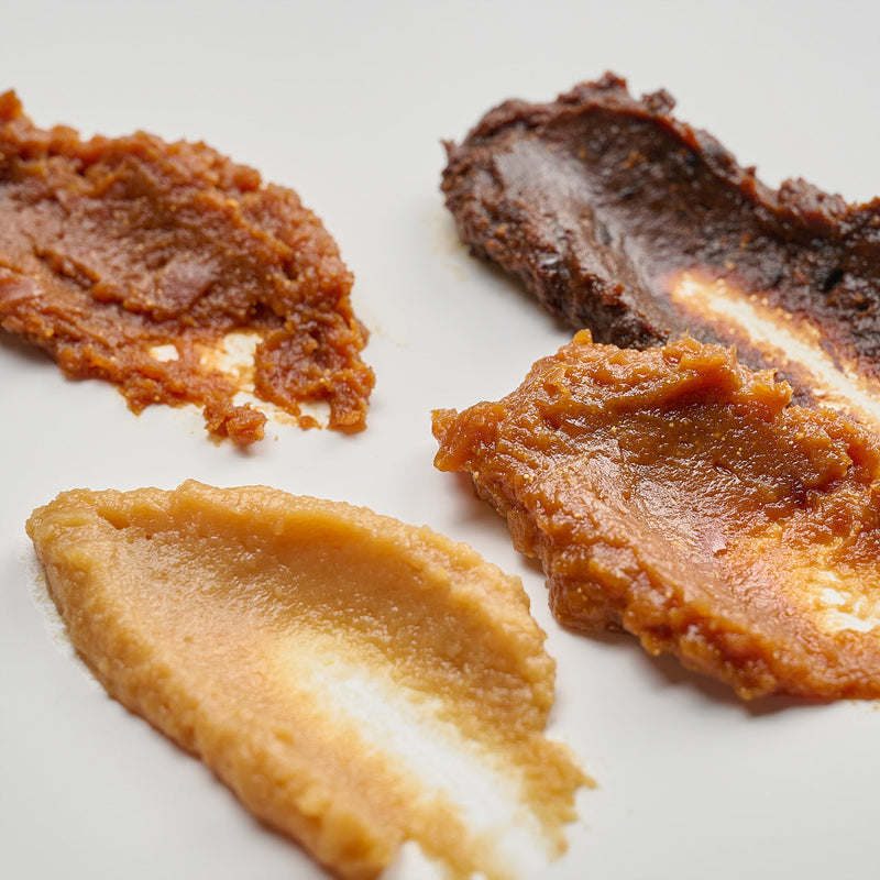 Spreads of doenjang in different shades, from light to dark brown